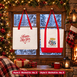Tote bags de Nochevieja – bolsas de tela en 3 modelos, 9 diseños Happy New Year 2027: Large City 45 × 35 × 10 cm, asas rojas 45 × 35 × 8 cm o ribete rojo 40 × 35 × 12 cm - Pamusan.es