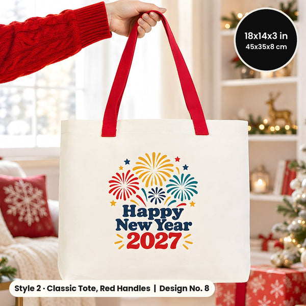 Tote bags de Nochevieja – bolsas de tela en 3 modelos, 9 diseños Happy New Year 2027: Large City 45 × 35 × 10 cm, asas rojas 45 × 35 × 8 cm o ribete rojo 40 × 35 × 12 cm - Pamusan.es