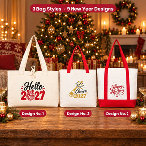 Tote bags de Nochevieja – bolsas de tela en 3 modelos, 9 diseños Happy New Year 2027: Large City 45 × 35 × 10 cm, asas rojas 45 × 35 × 8 cm o ribete rojo 40 × 35 × 12 cm - Pamusan.es