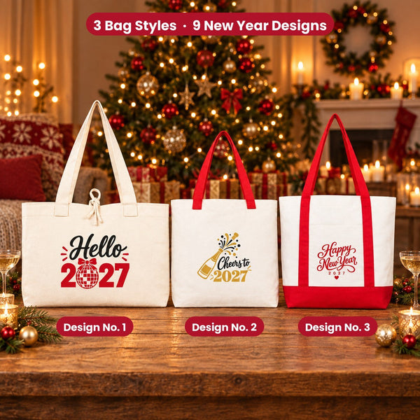 Tote bags de Nochevieja – bolsas de tela en 3 modelos, 9 diseños Happy New Year 2027: Large City 45 × 35 × 10 cm, asas rojas 45 × 35 × 8 cm o ribete rojo 40 × 35 × 12 cm - Pamusan.es