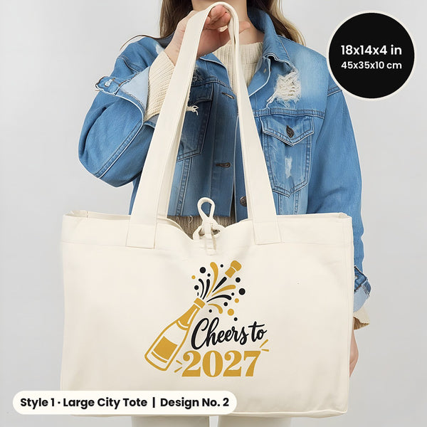 Tote bags de Nochevieja – bolsas de tela en 3 modelos, 9 diseños Happy New Year 2027: Large City 45 × 35 × 10 cm, asas rojas 45 × 35 × 8 cm o ribete rojo 40 × 35 × 12 cm - Pamusan.es