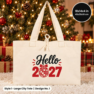 Tote bags de Nochevieja – bolsas de tela en 3 modelos, 9 diseños Happy New Year 2027: Large City 45 × 35 × 10 cm, asas rojas 45 × 35 × 8 cm o ribete rojo 40 × 35 × 12 cm - Pamusan.es