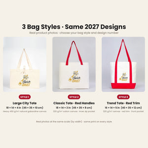 Tote bags de Nochevieja – bolsas de tela en 3 modelos, 9 diseños Happy New Year 2027: Large City 45 × 35 × 10 cm, asas rojas 45 × 35 × 8 cm o ribete rojo 40 × 35 × 12 cm - Pamusan.es