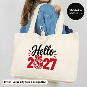 Tote bags de Nochevieja – bolsas de tela en 3 modelos, 9 diseños Happy New Year 2027: Large City 45 × 35 × 10 cm, asas rojas 45 × 35 × 8 cm o ribete rojo 40 × 35 × 12 cm - Pamusan.es