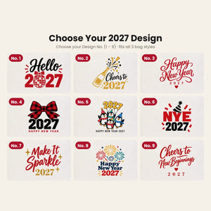 Tote bags de Nochevieja – bolsas de tela en 3 modelos, 9 diseños Happy New Year 2027: Large City 45 × 35 × 10 cm, asas rojas 45 × 35 × 8 cm o ribete rojo 40 × 35 × 12 cm - Pamusan.es