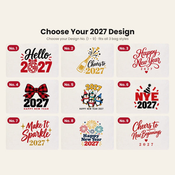 Tote bags de Nochevieja – bolsas de tela en 3 modelos, 9 diseños Happy New Year 2027: Large City 45 × 35 × 10 cm, asas rojas 45 × 35 × 8 cm o ribete rojo 40 × 35 × 12 cm - Pamusan.es