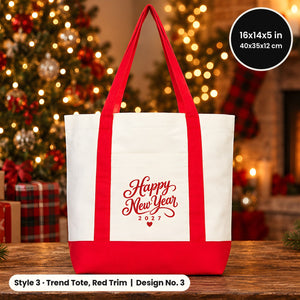 Tote bags de Nochevieja – bolsas de tela en 3 modelos, 9 diseños Happy New Year 2027: Large City 45 × 35 × 10 cm, asas rojas 45 × 35 × 8 cm o ribete rojo 40 × 35 × 12 cm - Pamusan.es