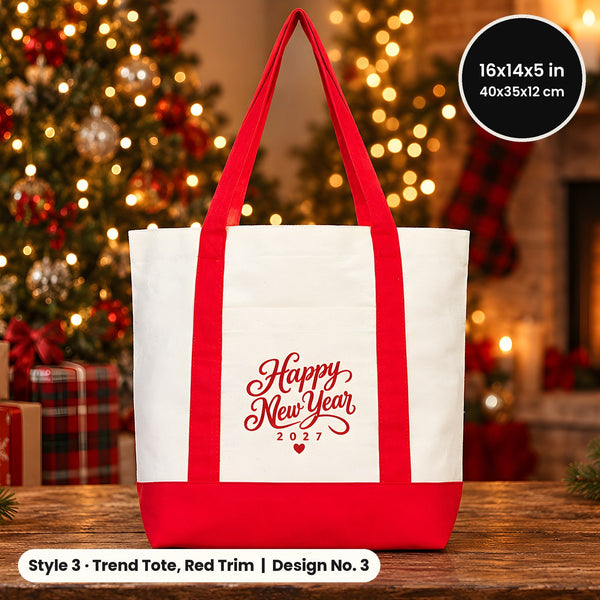 Tote bags de Nochevieja – bolsas de tela en 3 modelos, 9 diseños Happy New Year 2027: Large City 45 × 35 × 10 cm, asas rojas 45 × 35 × 8 cm o ribete rojo 40 × 35 × 12 cm - Pamusan.es
