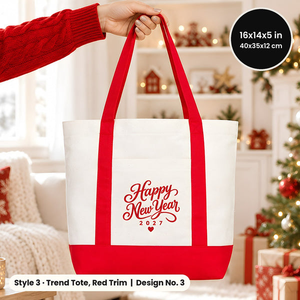 Tote bags de Nochevieja – bolsas de tela en 3 modelos, 9 diseños Happy New Year 2027: Large City 45 × 35 × 10 cm, asas rojas 45 × 35 × 8 cm o ribete rojo 40 × 35 × 12 cm - Pamusan.es