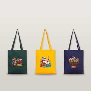Holiday Gift Bags Bulk – Green, Yellow or Navy Cotton Gabardine Tote Bags 14" × 16" (35 × 40 cm), 9 Christmas & New Year 2027 Designs - Pamusan.com