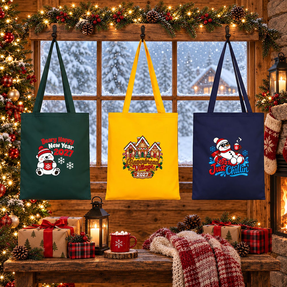 Holiday Gift Bags Bulk – Green, Yellow or Navy Cotton Gabardine Tote Bags 14" × 16" (35 × 40 cm), 9 Christmas & New Year 2027 Designs - Pamusan.com