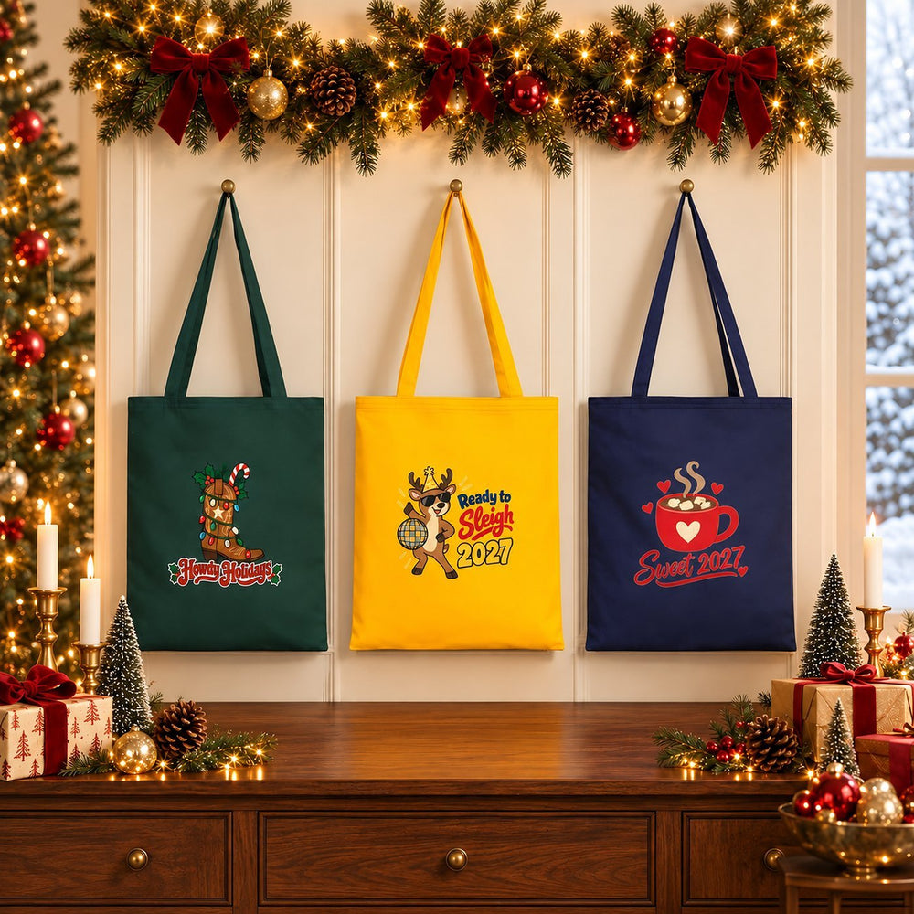 Holiday Gift Bags Bulk – Green, Yellow or Navy Cotton Gabardine Tote Bags 14" × 16" (35 × 40 cm), 9 Christmas & New Year 2027 Designs - Pamusan.com