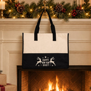 Bolsa tote grande de Navidad – tote bag bicolor de lona 45 × 35 × 19 cm, burdeos, negro o verde salvia, 9 diseños de Navidad y Año Nuevo 2027 - Pamusan.es