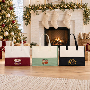 Bolsa tote grande de Navidad – tote bag bicolor de lona 45 × 35 × 19 cm, burdeos, negro o verde salvia, 9 diseños de Navidad y Año Nuevo 2027 - Pamusan.es