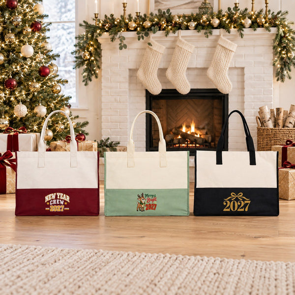 Bolsa tote grande de Navidad – tote bag bicolor de lona 45 × 35 × 19 cm, burdeos, negro o verde salvia, 9 diseños de Navidad y Año Nuevo 2027 - Pamusan.es