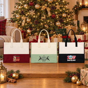 Bolsa tote grande de Navidad – tote bag bicolor de lona 45 × 35 × 19 cm, burdeos, negro o verde salvia, 9 diseños de Navidad y Año Nuevo 2027 - Pamusan.es