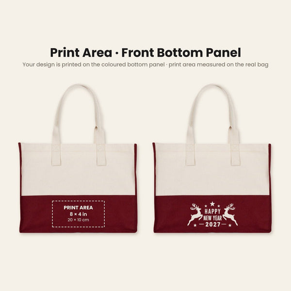 Bolsa tote grande de Navidad – tote bag bicolor de lona 45 × 35 × 19 cm, burdeos, negro o verde salvia, 9 diseños de Navidad y Año Nuevo 2027 - Pamusan.es