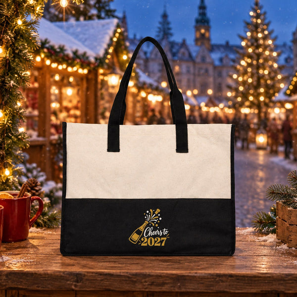 Bolsa tote grande de Navidad – tote bag bicolor de lona 45 × 35 × 19 cm, burdeos, negro o verde salvia, 9 diseños de Navidad y Año Nuevo 2027 - Pamusan.es