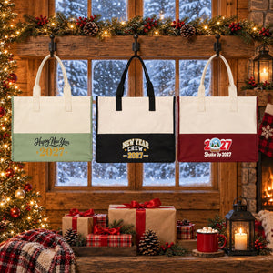 Bolsa tote grande de Navidad – tote bag bicolor de lona 45 × 35 × 19 cm, burdeos, negro o verde salvia, 9 diseños de Navidad y Año Nuevo 2027 - Pamusan.es