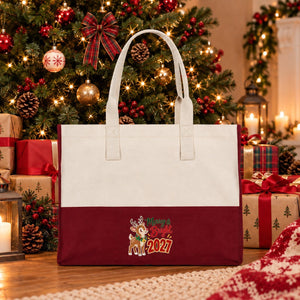 Bolsa tote grande de Navidad – tote bag bicolor de lona 45 × 35 × 19 cm, burdeos, negro o verde salvia, 9 diseños de Navidad y Año Nuevo 2027 - Pamusan.es