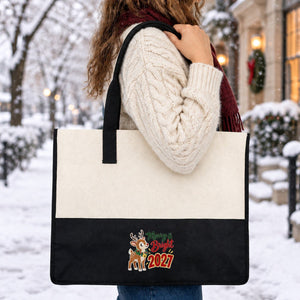 Bolsa tote grande de Navidad – tote bag bicolor de lona 45 × 35 × 19 cm, burdeos, negro o verde salvia, 9 diseños de Navidad y Año Nuevo 2027 - Pamusan.es