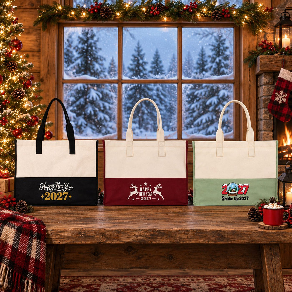 Bolsa tote grande de Navidad – tote bag bicolor de lona 45 × 35 × 19 cm, burdeos, negro o verde salvia, 9 diseños de Navidad y Año Nuevo 2027 - Pamusan.es