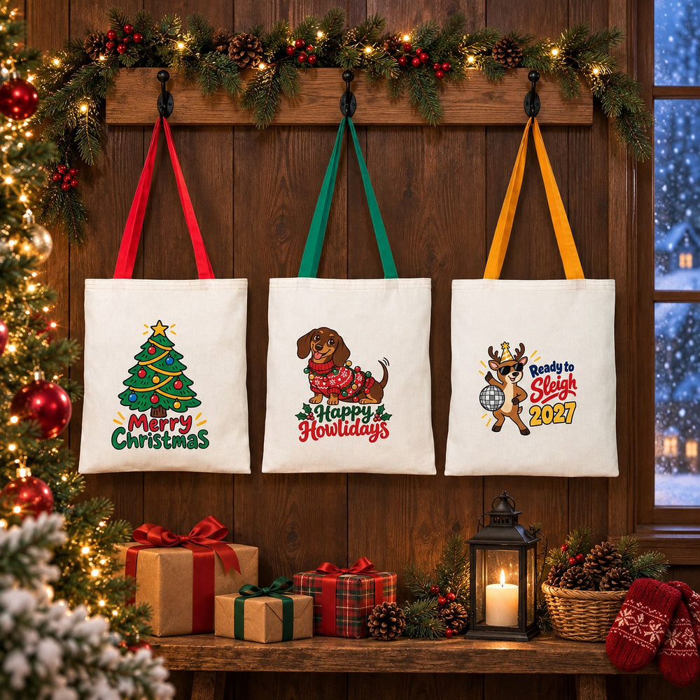 Bolsas de regalo grandes en la pared: asas rojas con Reyes Magos, verdes con Correo Real, mostaza con Próspero Año Nuevo