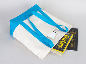 Large Trend Canvas Shopping Bag with Turquoise Handle, 16"W x 14"H x 5"L, Large Tote Bag 12 Oz, Personalized - Pamusan.com