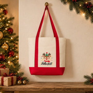 New Year Canvas Tote Bag with Pocket – 16" × 14" × 5" (40 × 35 × 12 cm) with Red, Black or Burgundy Trim, 9 Happy New Year 2027 Designs - Pamusan.com
