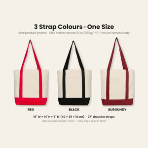 New Year Canvas Tote Bag with Pocket – 16" × 14" × 5" (40 × 35 × 12 cm) with Red, Black or Burgundy Trim, 9 Happy New Year 2027 Designs - Pamusan.com