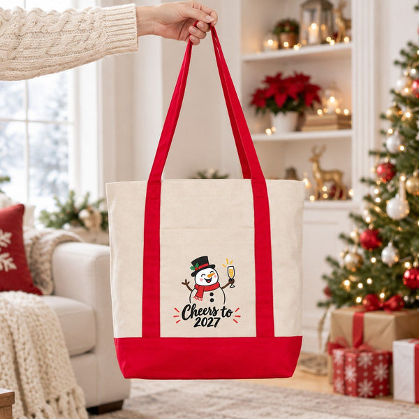 New Year Canvas Tote Bag with Pocket – 16" × 14" × 5" (40 × 35 × 12 cm) with Red, Black or Burgundy Trim, 9 Happy New Year 2027 Designs - Pamusan.com