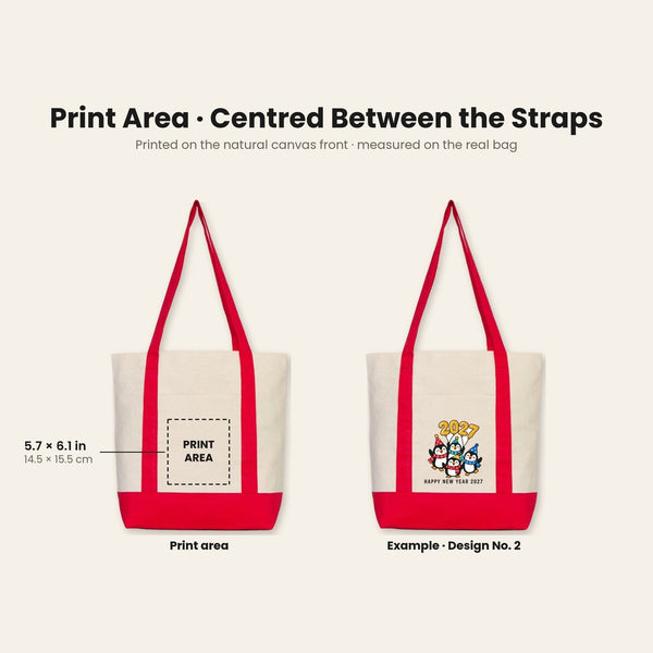 New Year Canvas Tote Bag with Pocket – 16" × 14" × 5" (40 × 35 × 12 cm) with Red, Black or Burgundy Trim, 9 Happy New Year 2027 Designs - Pamusan.com
