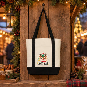 New Year Canvas Tote Bag with Pocket – 16" × 14" × 5" (40 × 35 × 12 cm) with Red, Black or Burgundy Trim, 9 Happy New Year 2027 Designs - Pamusan.com
