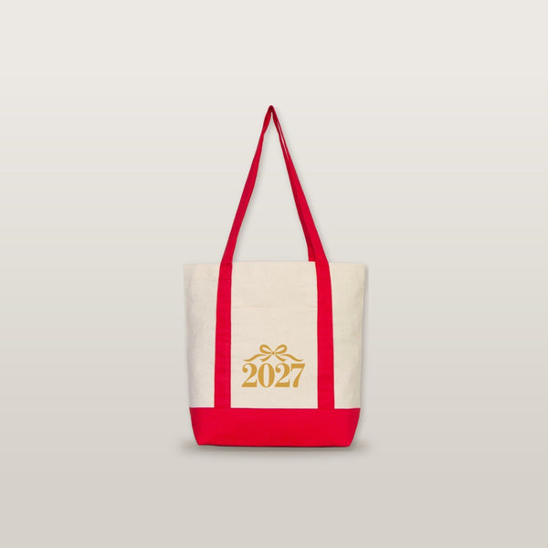 New Year Canvas Tote Bag with Pocket – 16" × 14" × 5" (40 × 35 × 12 cm) with Red, Black or Burgundy Trim, 9 Happy New Year 2027 Designs - Pamusan.com