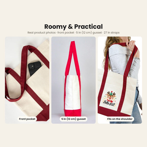 New Year Canvas Tote Bag with Pocket – 16" × 14" × 5" (40 × 35 × 12 cm) with Red, Black or Burgundy Trim, 9 Happy New Year 2027 Designs - Pamusan.com