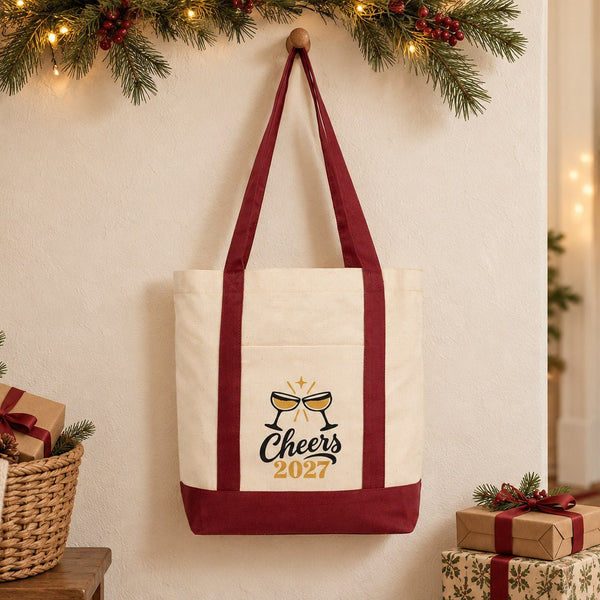 New Year Canvas Tote Bag with Pocket – 16" × 14" × 5" (40 × 35 × 12 cm) with Red, Black or Burgundy Trim, 9 Happy New Year 2027 Designs - Pamusan.com