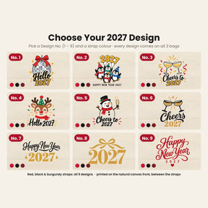 New Year Canvas Tote Bag with Pocket – 16" × 14" × 5" (40 × 35 × 12 cm) with Red, Black or Burgundy Trim, 9 Happy New Year 2027 Designs - Pamusan.com