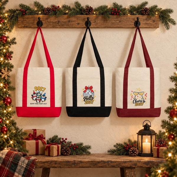 New Year Canvas Tote Bag with Pocket – 16" × 14" × 5" (40 × 35 × 12 cm) with Red, Black or Burgundy Trim, 9 Happy New Year 2027 Designs - Pamusan.com