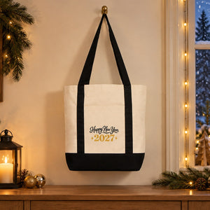New Year Canvas Tote Bag with Pocket – 16" × 14" × 5" (40 × 35 × 12 cm) with Red, Black or Burgundy Trim, 9 Happy New Year 2027 Designs - Pamusan.com