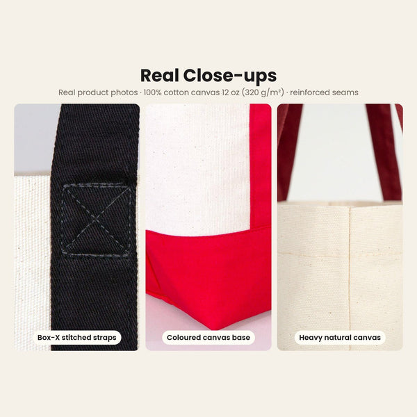 New Year Canvas Tote Bag with Pocket – 16" × 14" × 5" (40 × 35 × 12 cm) with Red, Black or Burgundy Trim, 9 Happy New Year 2027 Designs - Pamusan.com