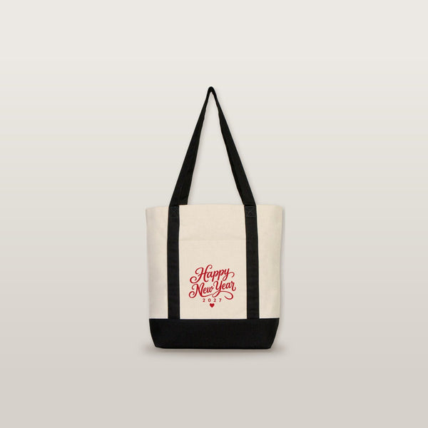 New Year Canvas Tote Bag with Pocket – 16" × 14" × 5" (40 × 35 × 12 cm) with Red, Black or Burgundy Trim, 9 Happy New Year 2027 Designs - Pamusan.com