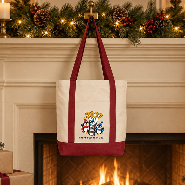 New Year Canvas Tote Bag with Pocket – 16" × 14" × 5" (40 × 35 × 12 cm) with Red, Black or Burgundy Trim, 9 Happy New Year 2027 Designs - Pamusan.com