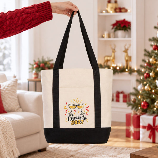 New Year Canvas Tote Bag with Pocket – 16" × 14" × 5" (40 × 35 × 12 cm) with Red, Black or Burgundy Trim, 9 Happy New Year 2027 Designs - Pamusan.com