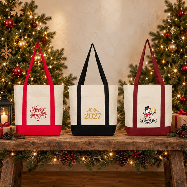 New Year Canvas Tote Bag with Pocket – 16" × 14" × 5" (40 × 35 × 12 cm) with Red, Black or Burgundy Trim, 9 Happy New Year 2027 Designs - Pamusan.com