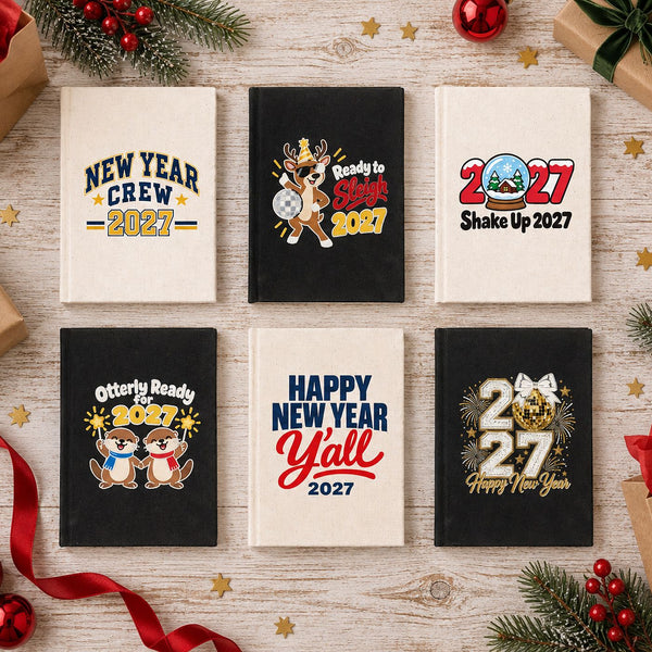 New Year Journal Bulk – Canvas Notebook A5 5.5" × 7.9" (14 × 20 cm), 9 Happy New Year 2027 Designs, Natural or Black Cover - Pamusan.com