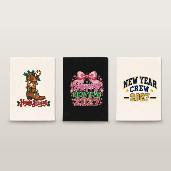 New Year Journal Bulk – Canvas Notebook A5 5.5" × 7.9" (14 × 20 cm), 9 Happy New Year 2027 Designs, Natural or Black Cover - Pamusan.com