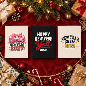 New Year Journal Bulk – Canvas Notebook A5 5.5" × 7.9" (14 × 20 cm), 9 Happy New Year 2027 Designs, Natural or Black Cover - Pamusan.com