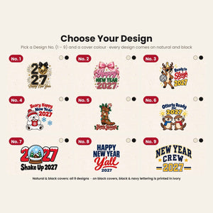 New Year Journal Bulk – Canvas Notebook A5 5.5" × 7.9" (14 × 20 cm), 9 Happy New Year 2027 Designs, Natural or Black Cover - Pamusan.com