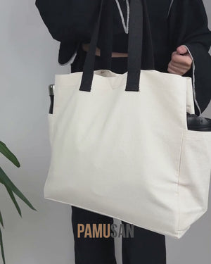 Bolsas de tela lisas 40 × 35 × 15 cm – dos bolsillos laterales, asas negras tejidas, fuelle completo de 15 cm – loneta de algodón 450 g/m²