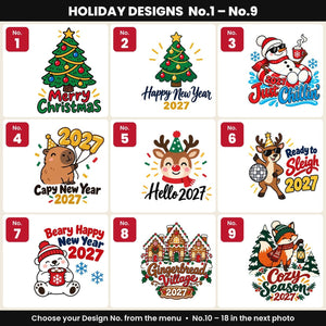 Diseños N.º 1 a 9 para la bolsita de terciopelo rojo: Polo Norte, ¡Jo, jo, jo!, Correo Real, Reyes Magos, jengibre y más